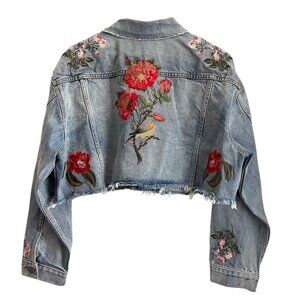 GRLFRND Womens Denim Jean Jacket Size L Floral Embroidered Cottagecore Festival